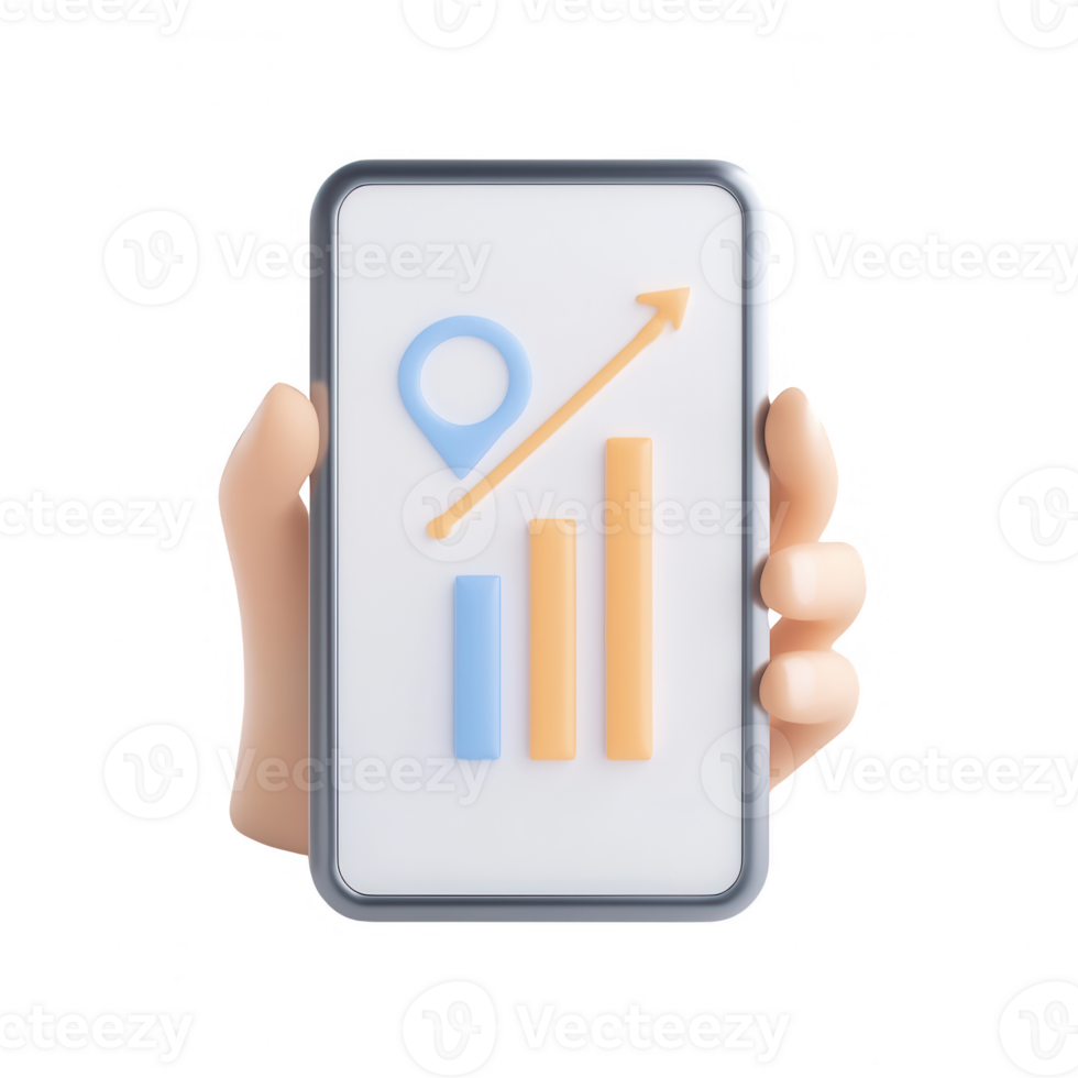 Hand holding smartphone displaying growth chart and location marker. png