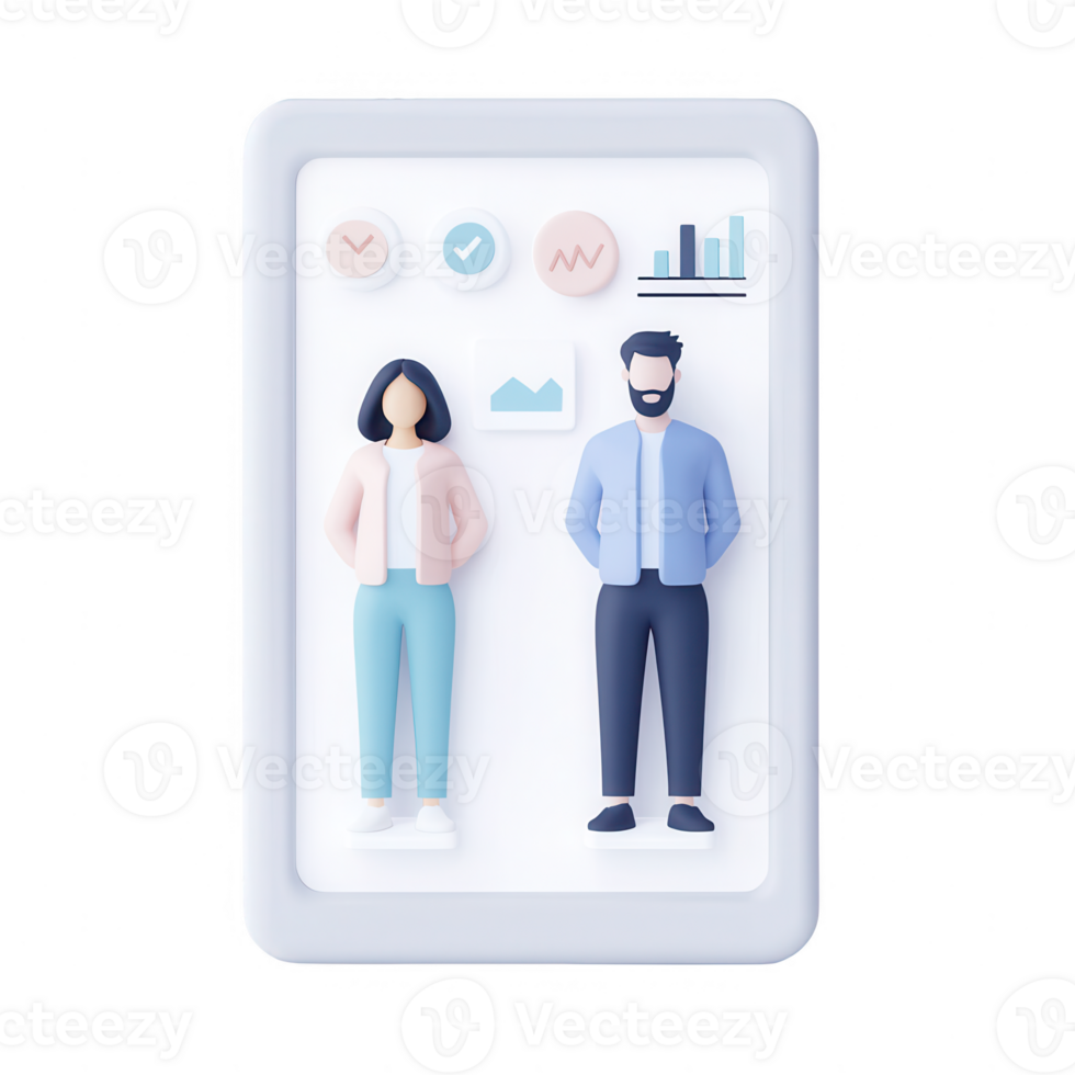 Modern illustration of business professionals interacting with data-driven graphics. png