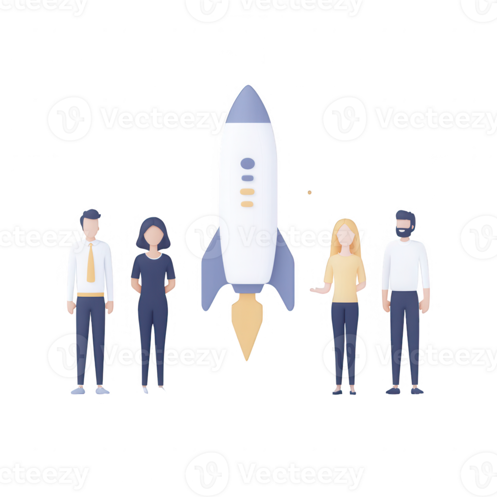 Team preparing for a rocket launch, symbolizing innovation and future exploration. png