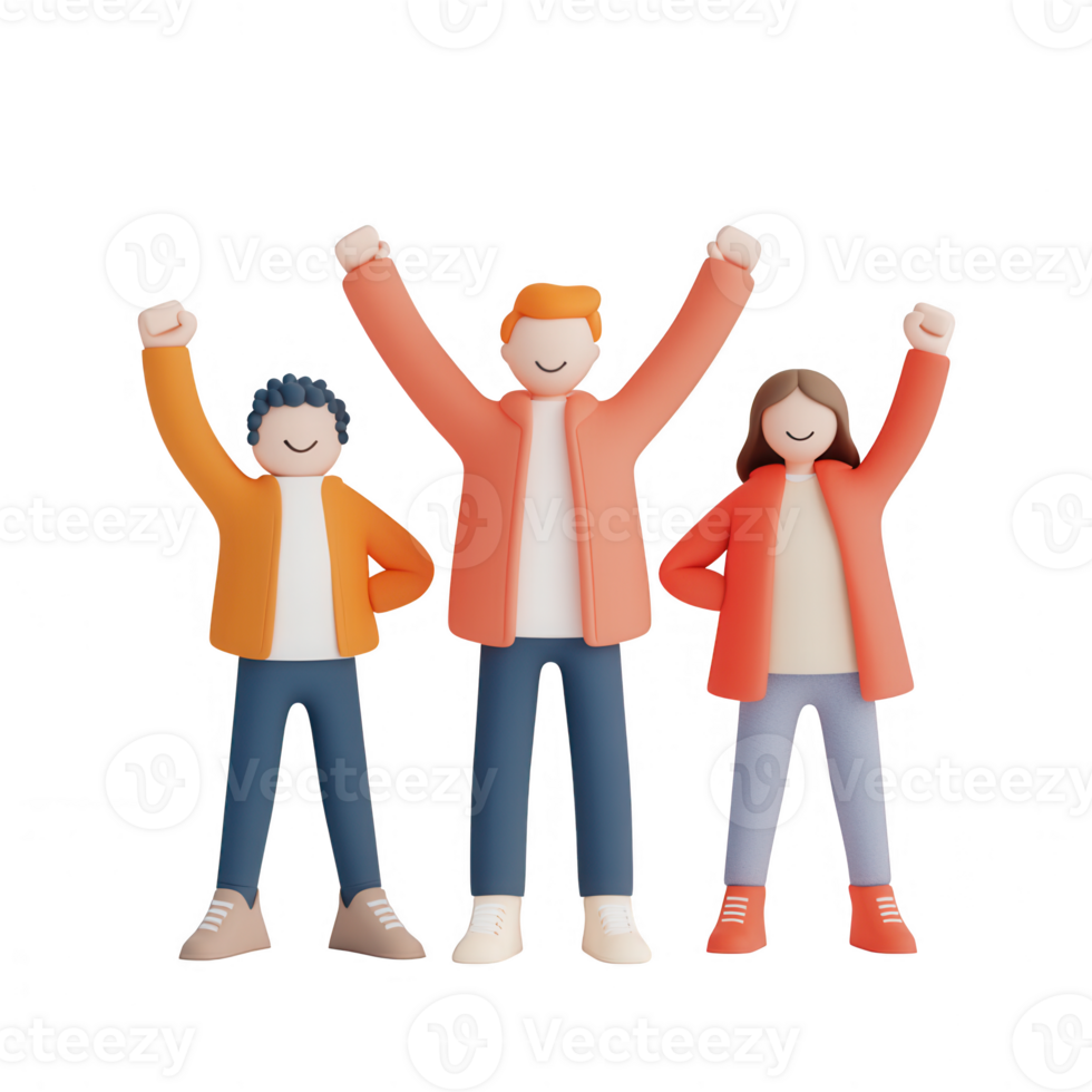 Three animated characters celebrating with raised hands, expressing joy and enthusiasm. png