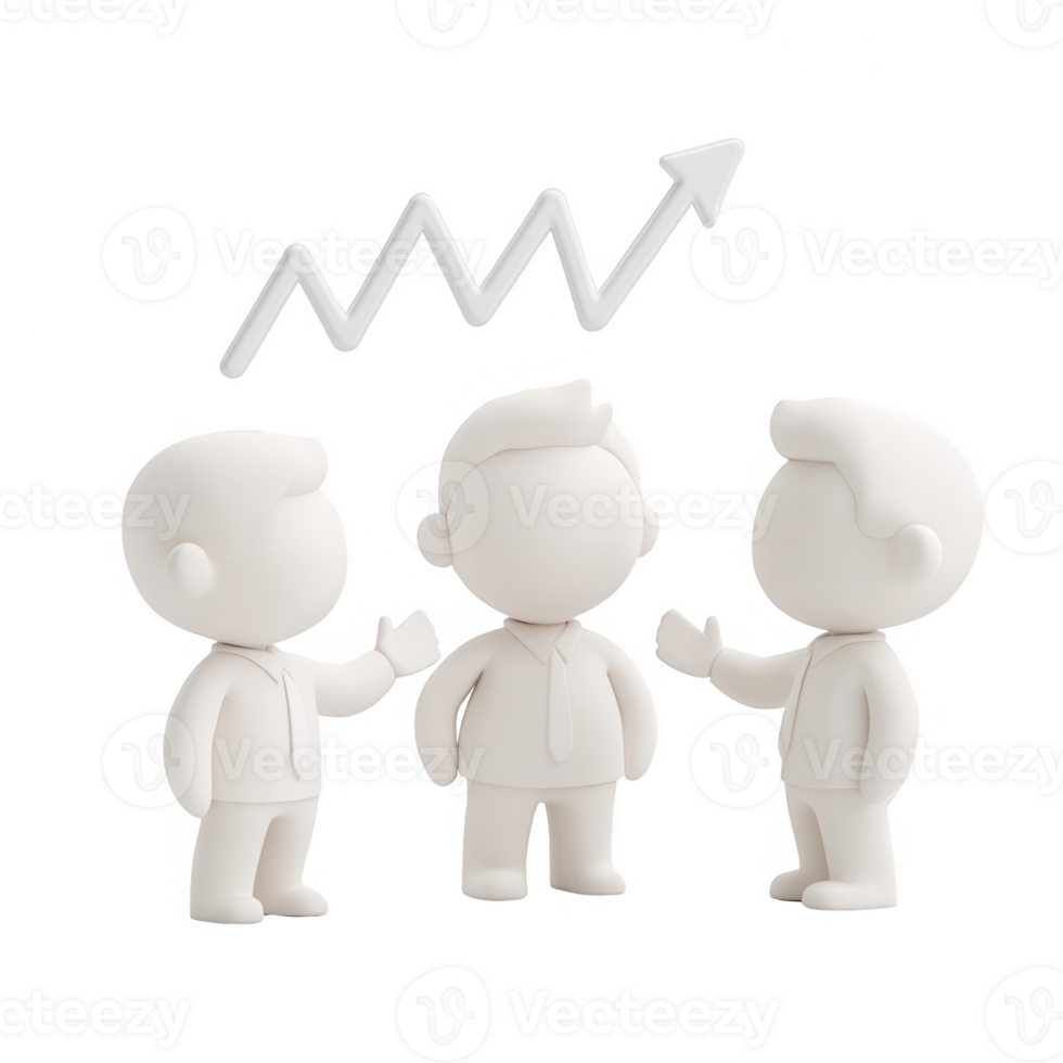 Three characters discussing growth and strategy in a minimalistic style. png