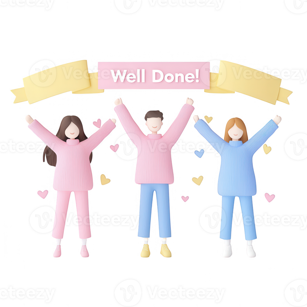Three cheerful people celebrating success with joyful expressions and a banner. png