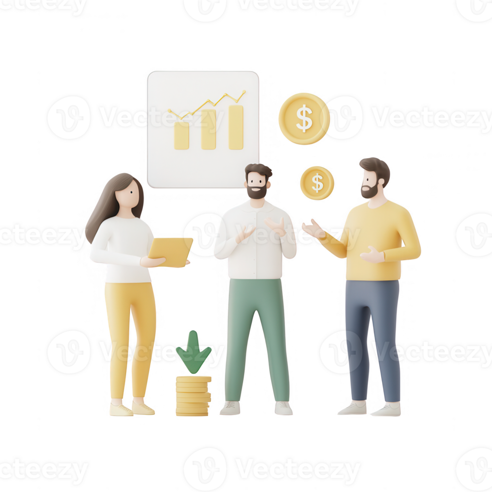 Three colleagues discussing financial growth with charts and currency around them. png