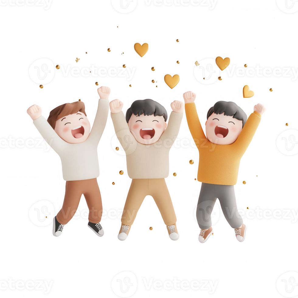 Three cheerful children celebrating with joy and excitement, surrounded by hearts. png