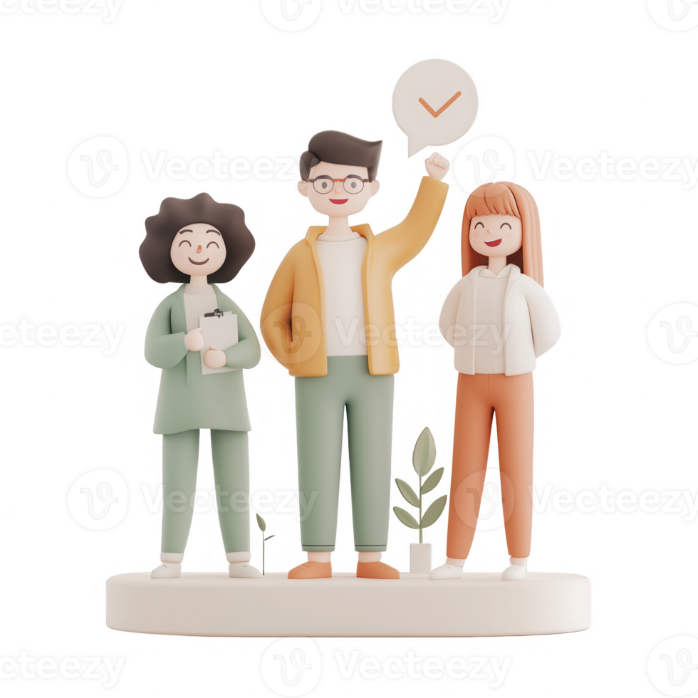 Three diverse characters collaborating in a modern workspace environment. png