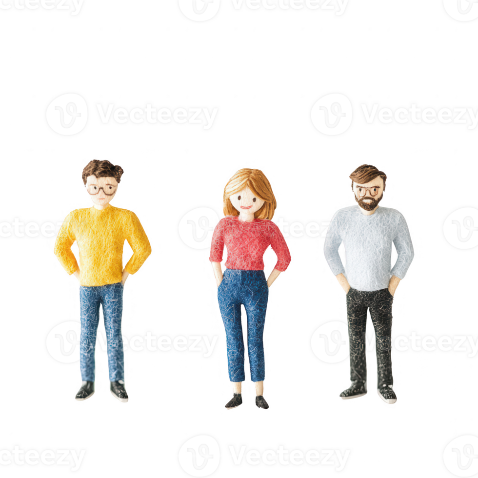 Three colorful figurines representing diverse individuals with unique styles. png