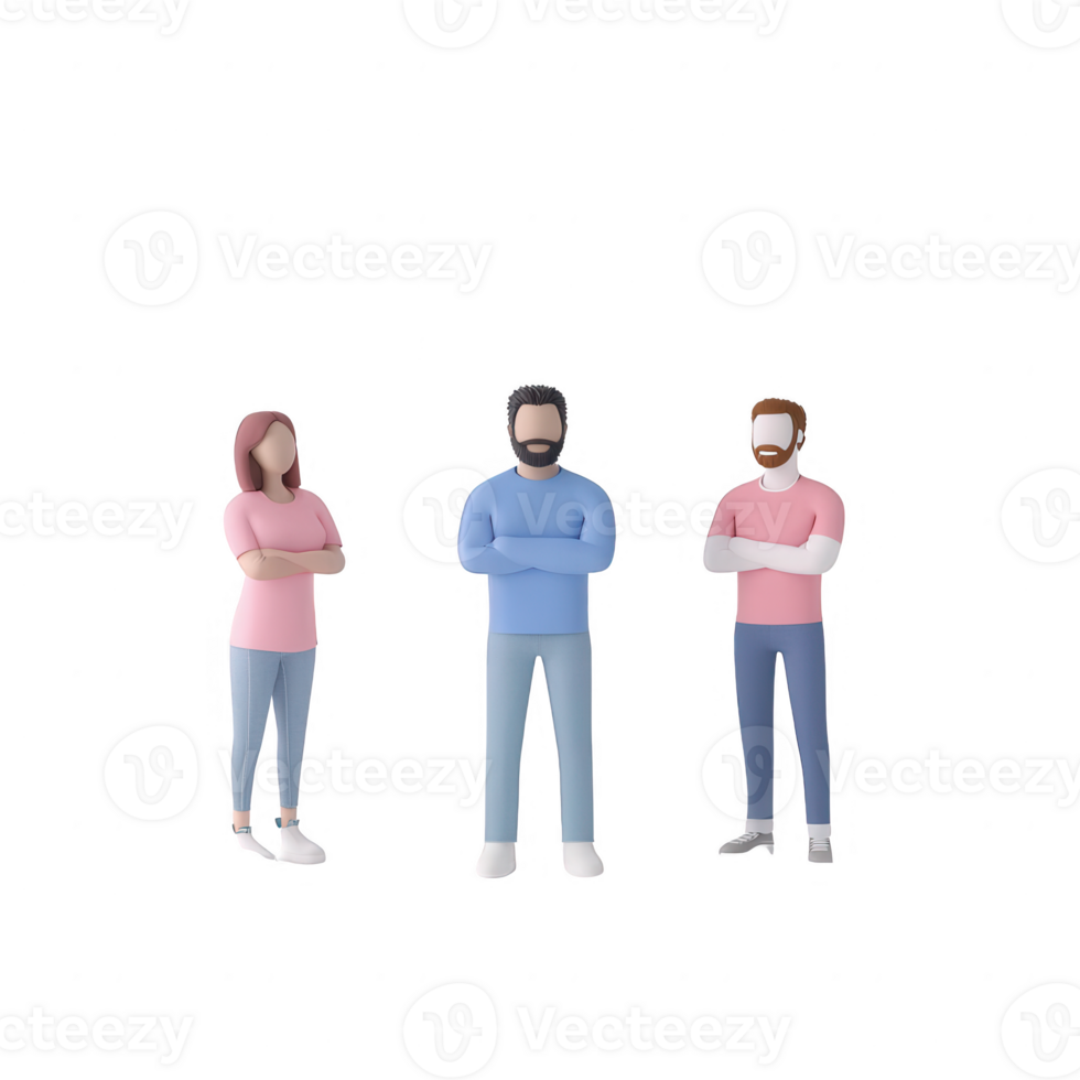 Three diverse characters standing together, symbolizing teamwork and collaboration. png