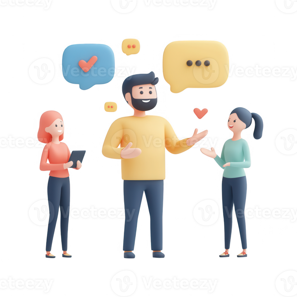 Three diverse characters engaging in animated conversation with speech bubbles. png