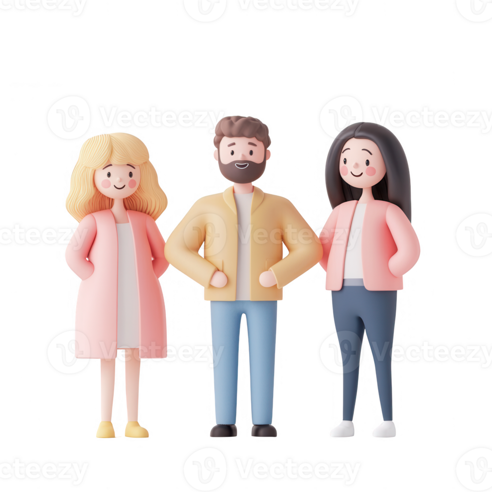 Three diverse characters standing together, smiling and showing friendship in a cartoon style. png