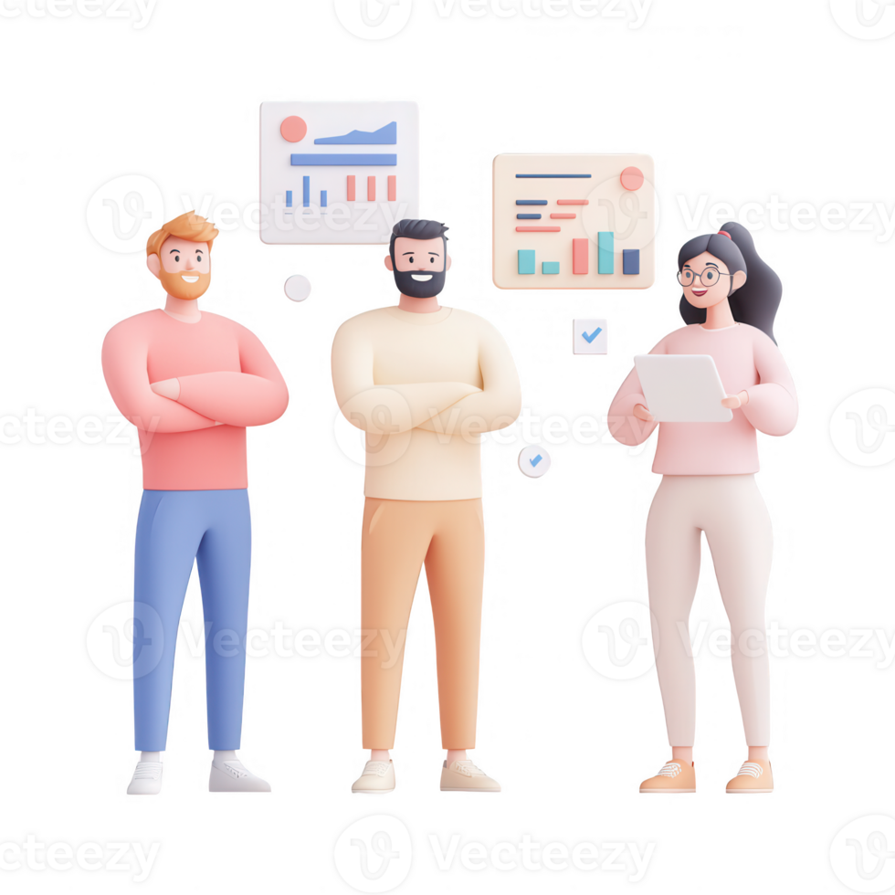 Three diverse individuals collaborating with charts and data for effective strategies. png