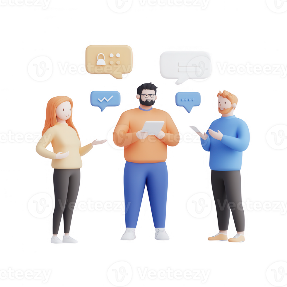 Three diverse individuals engaged in a lively discussion using digital devices. png