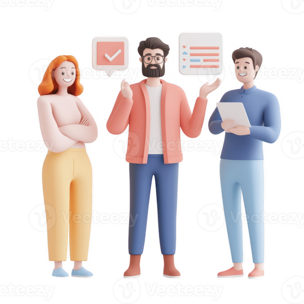 Three diverse individuals discussing project ideas in a modern office setting. png