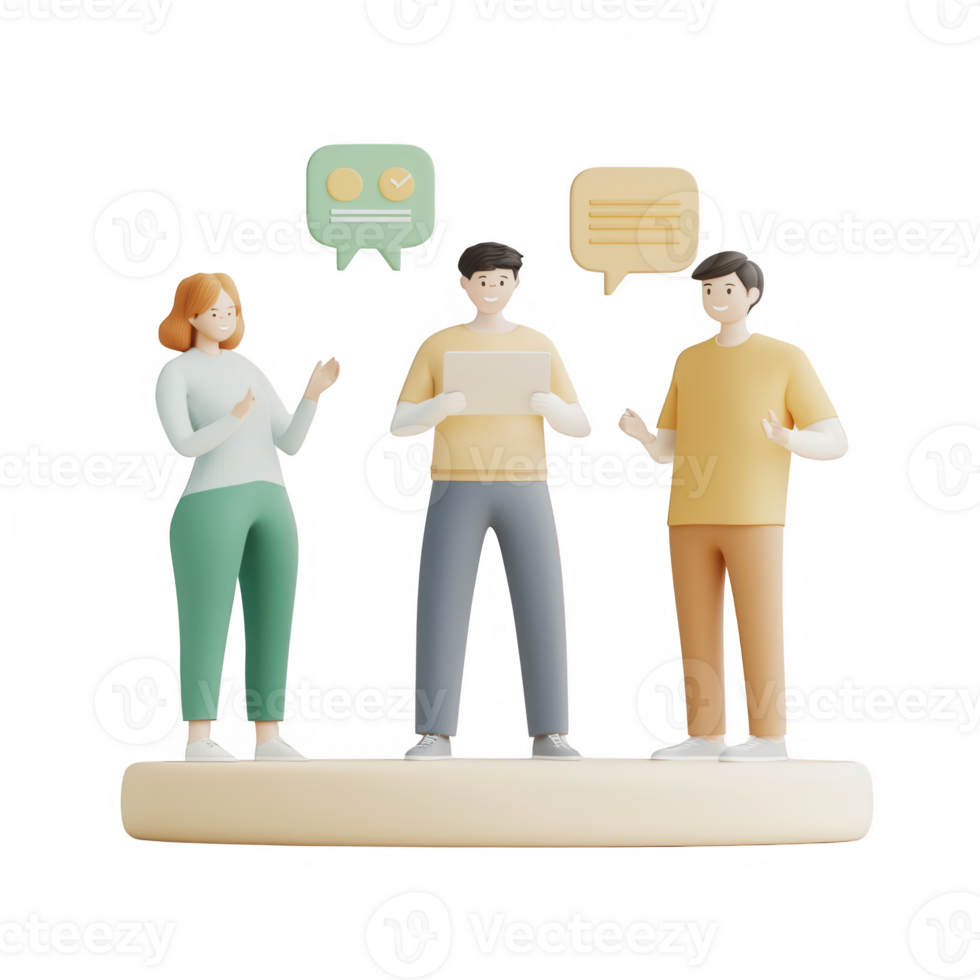 Three diverse individuals engage in a lively discussion with speech bubbles. png