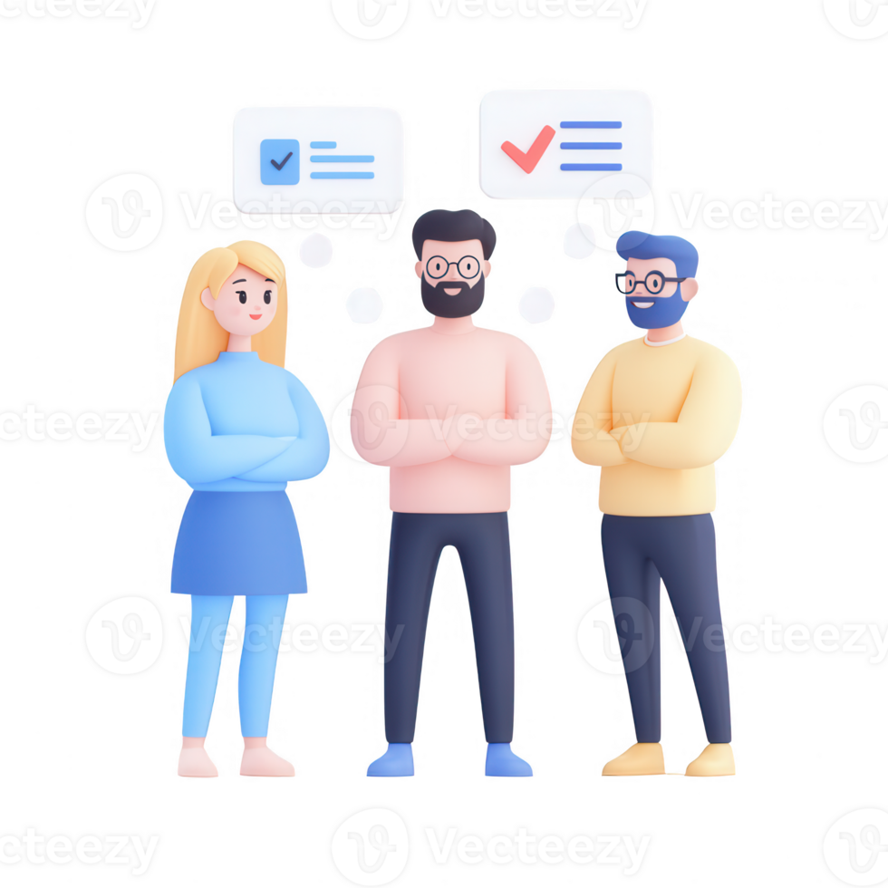 Three diverse professionals discussing ideas with thought bubbles. png