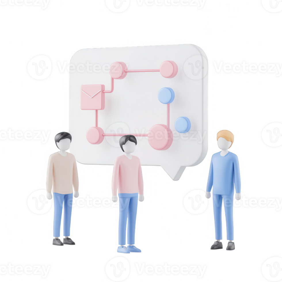 Three figures discussing communication strategies in a modern setting. png