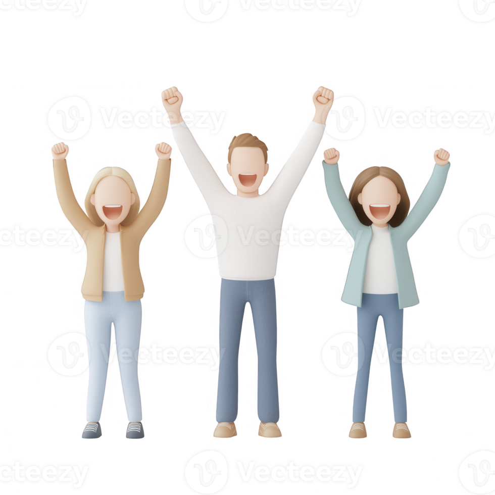 Three happy individuals celebrating with raised arms in a joyful expression. png