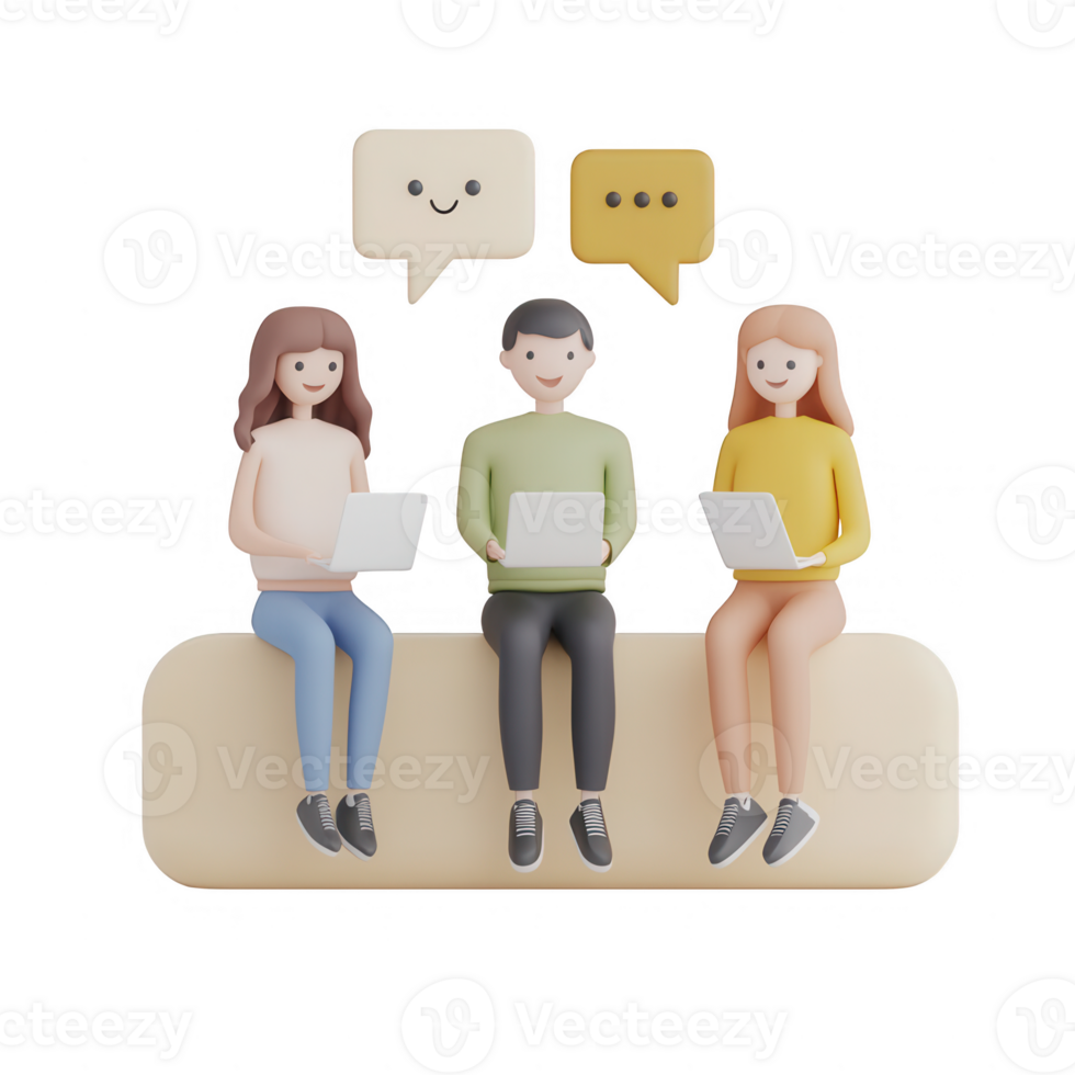 Three friends collaborating with laptops, sharing ideas and enjoying conversation. png
