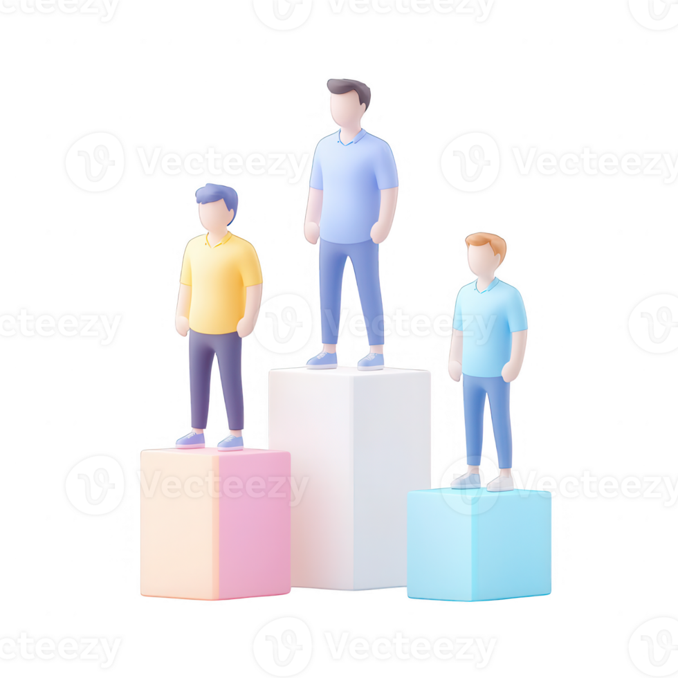 Three individuals stand on stylized platforms representing achievement and teamwork. png
