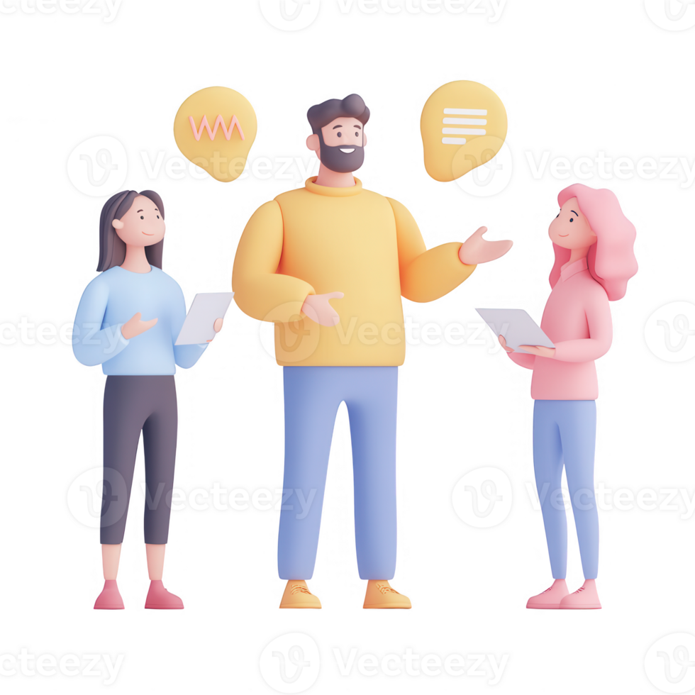 Three people engaged in a discussion with speech bubbles showcasing ideas. png
