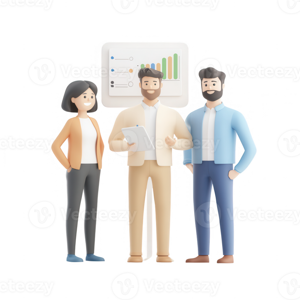 Three professionals collaborating on a project with charts and graphs. png