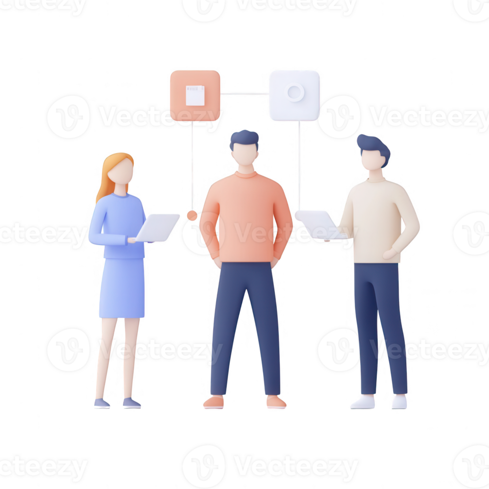 Three professionals collaborating on a digital project with charts and devices. png