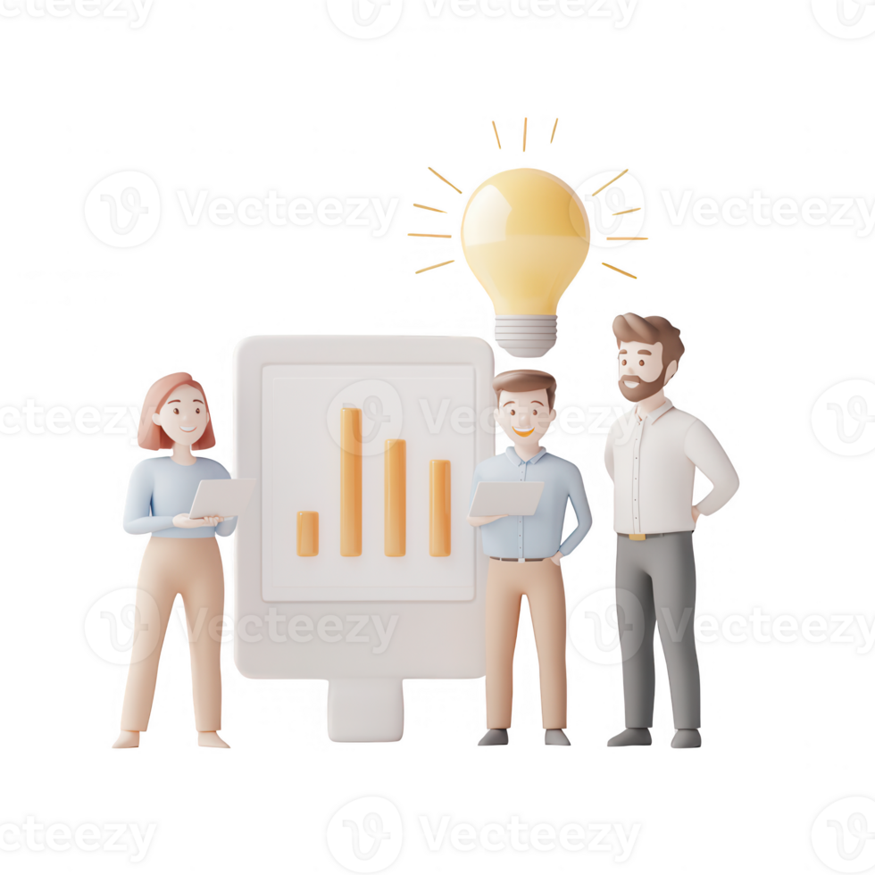 Three professionals discussing growth strategies with charts and ideas in focus. png