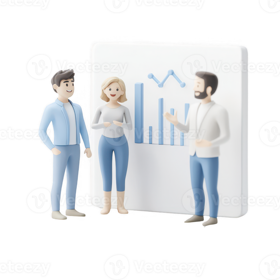 Three professionals discussing a business strategy with graph visuals. png