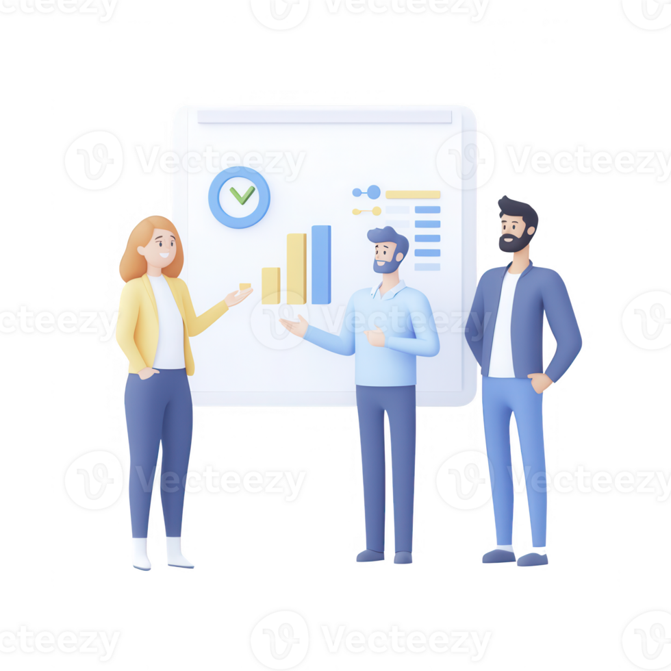 Three professionals discussing growth strategies and data insights in a modern office. png