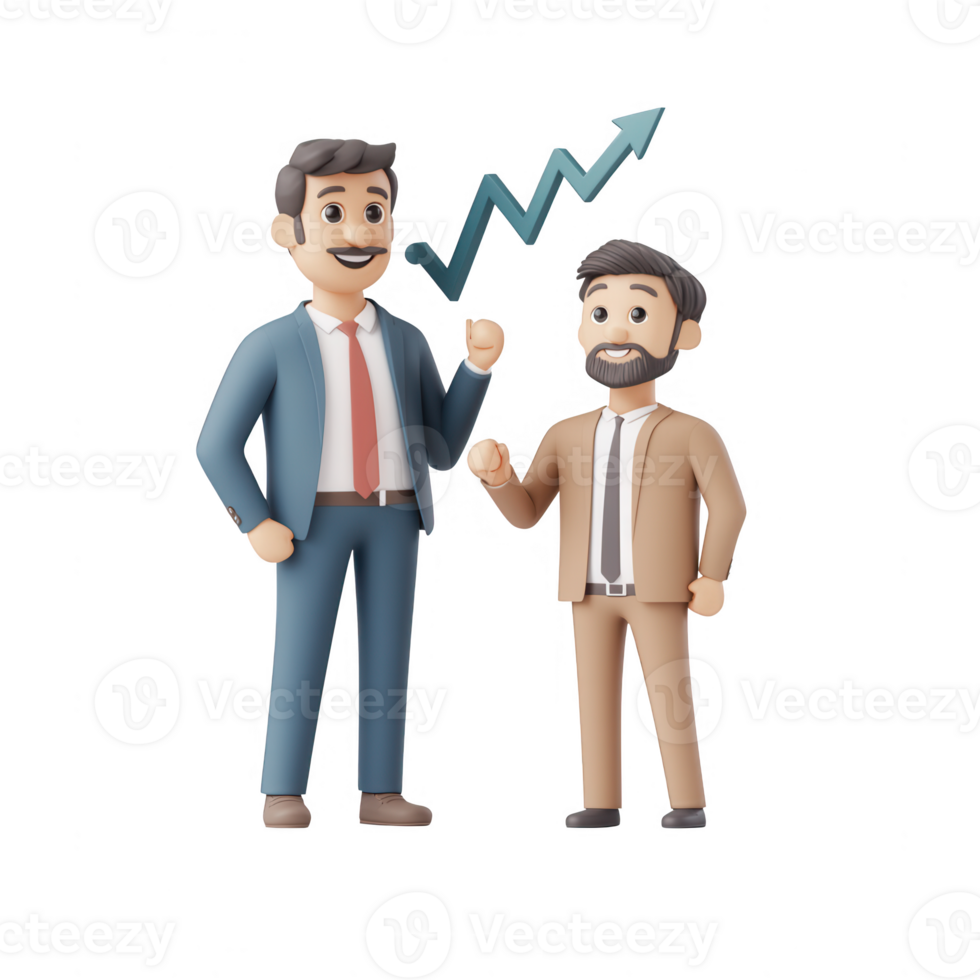 Two businessmen celebrating success with a growth chart in background. png