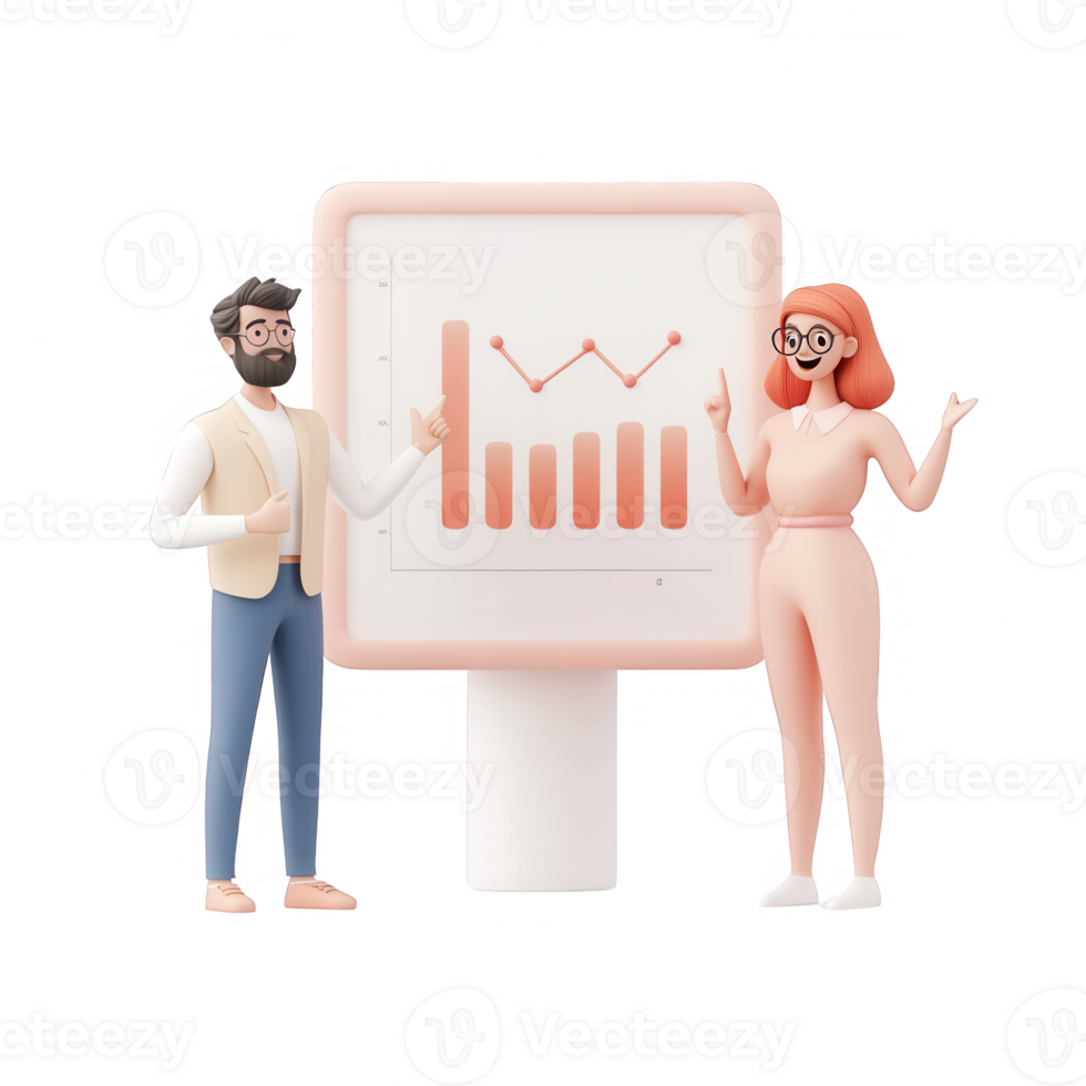Two characters presenting data insights on a digital screen, emphasizing teamwork. png