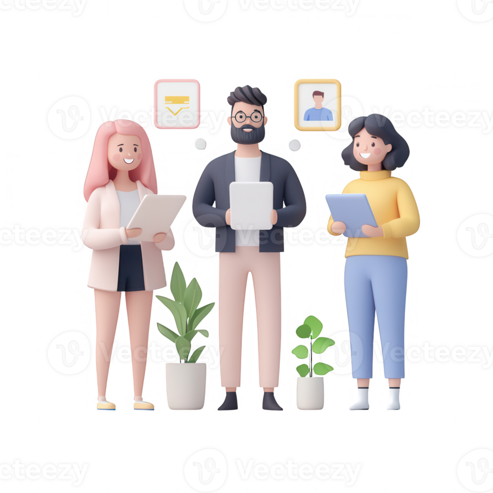 Three professionals discussing ideas with documents and plants in a modern workspace. png