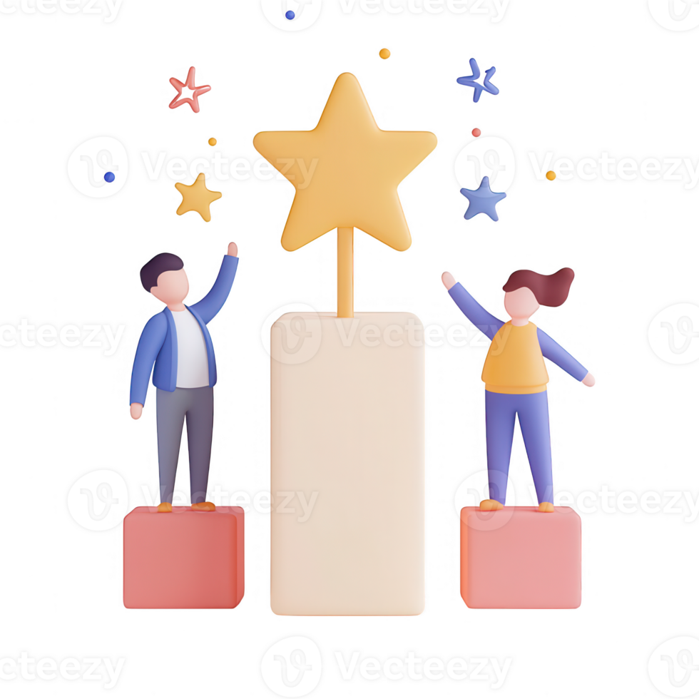 Two characters celebrating success with a star, representing achievement and teamwork. png