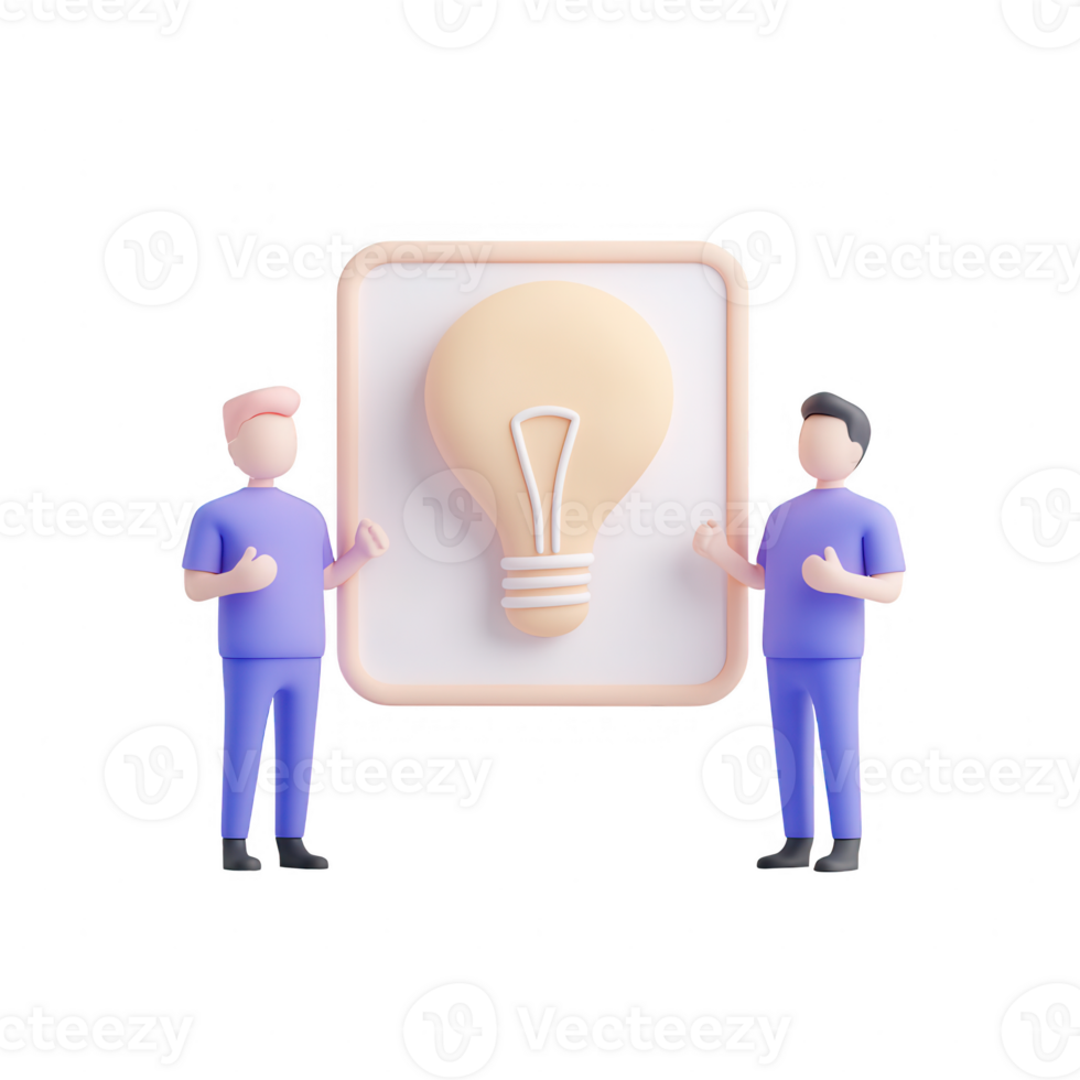 Two characters presenting a light bulb symbolizing new ideas and innovation. png