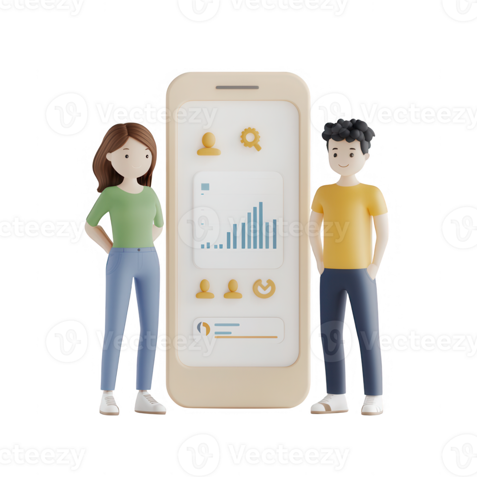 Two characters stand beside a smartphone displaying business statistics and charts. png