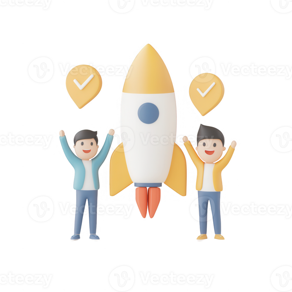 Two cheerful characters celebrate a launch with a rocket and positive symbols. png
