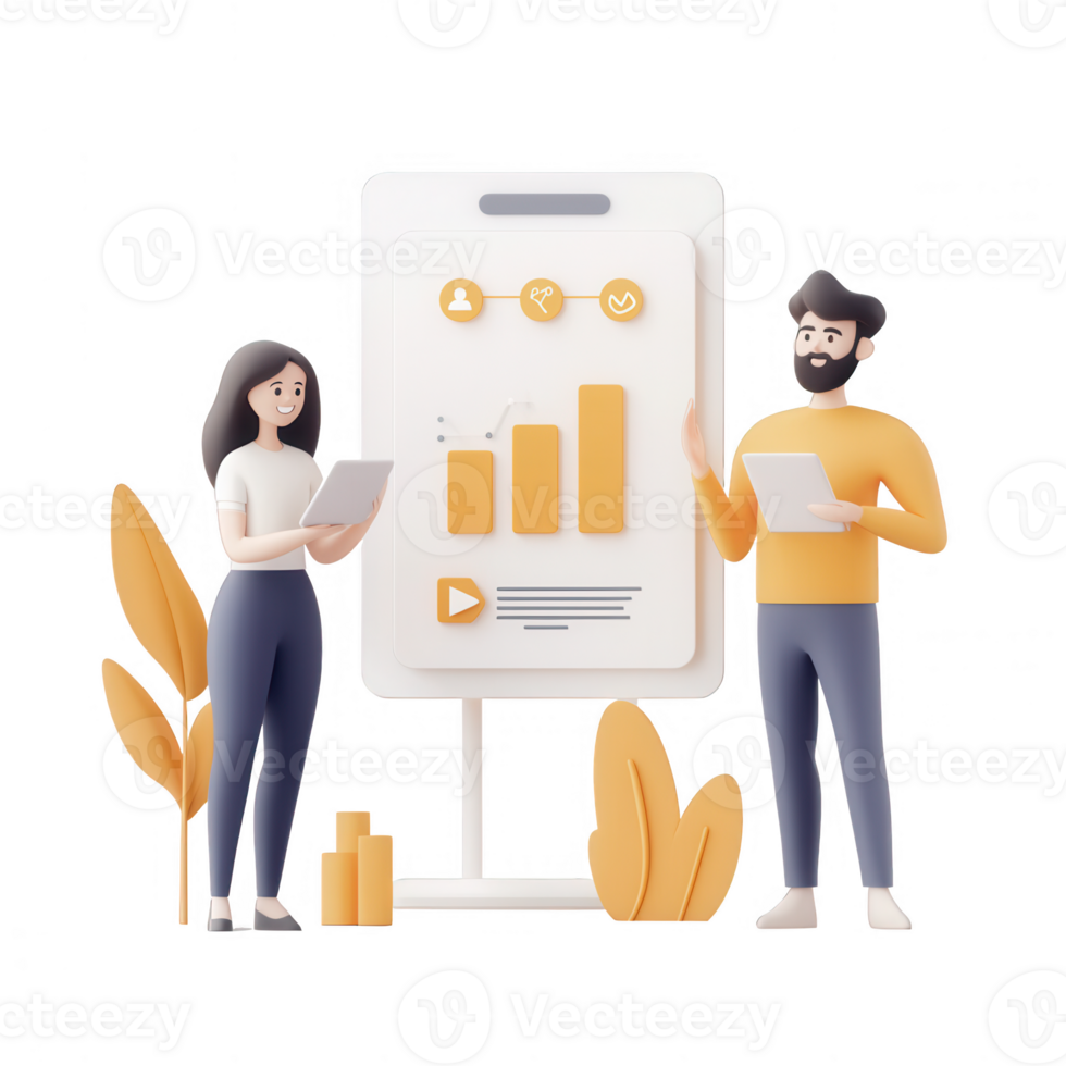 Two coworkers analyzing data on a large screen with charts and graphs. png