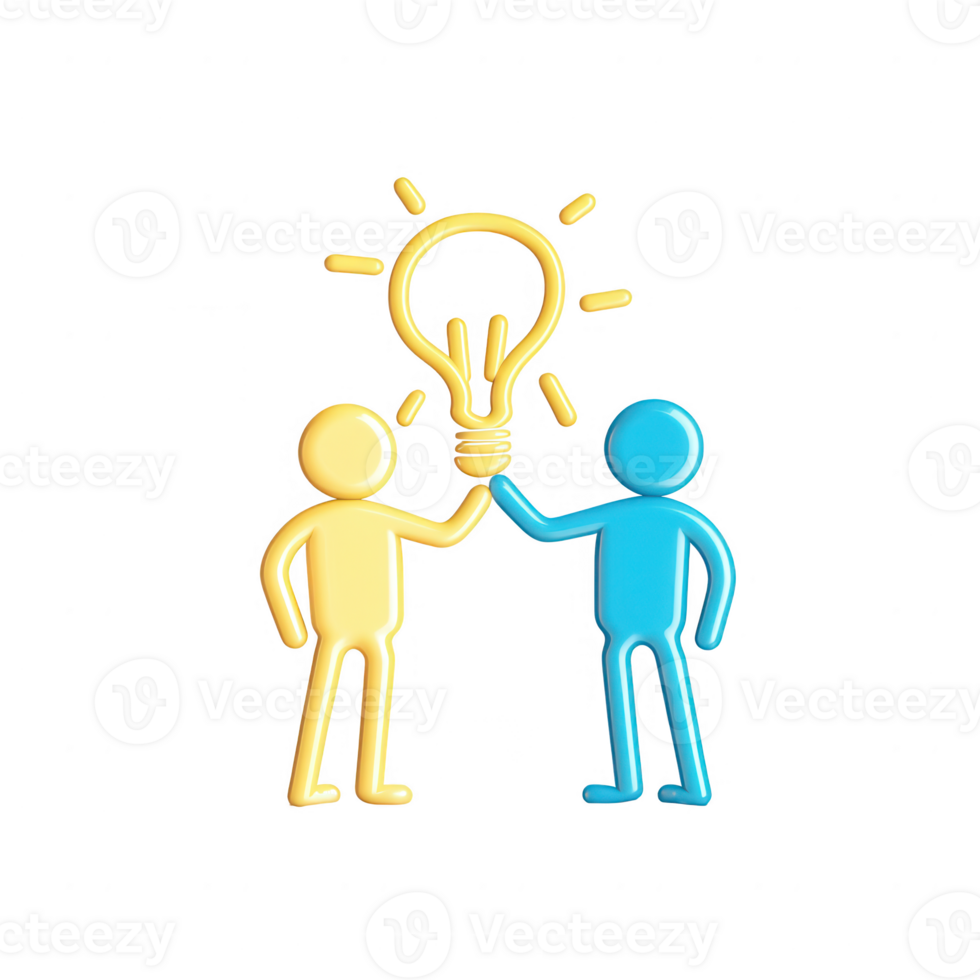 Two individuals collaborating to generate a creative idea symbolized by a lightbulb. png
