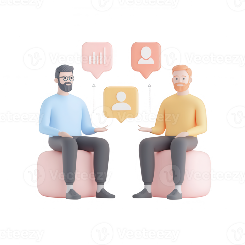 Two men discussing ideas with speech bubbles and graphs in a modern setting. png