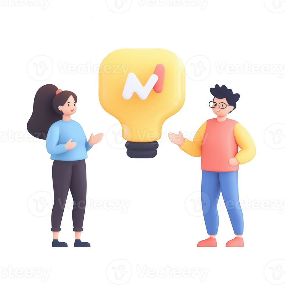 Two people discussing ideas with a glowing light bulb symbolizing creativity. png