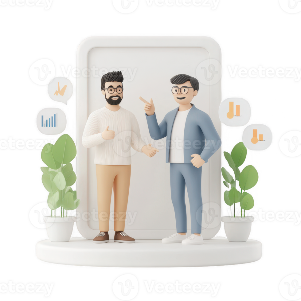 Two digital characters engaging in a business conversation with graphs in background. png