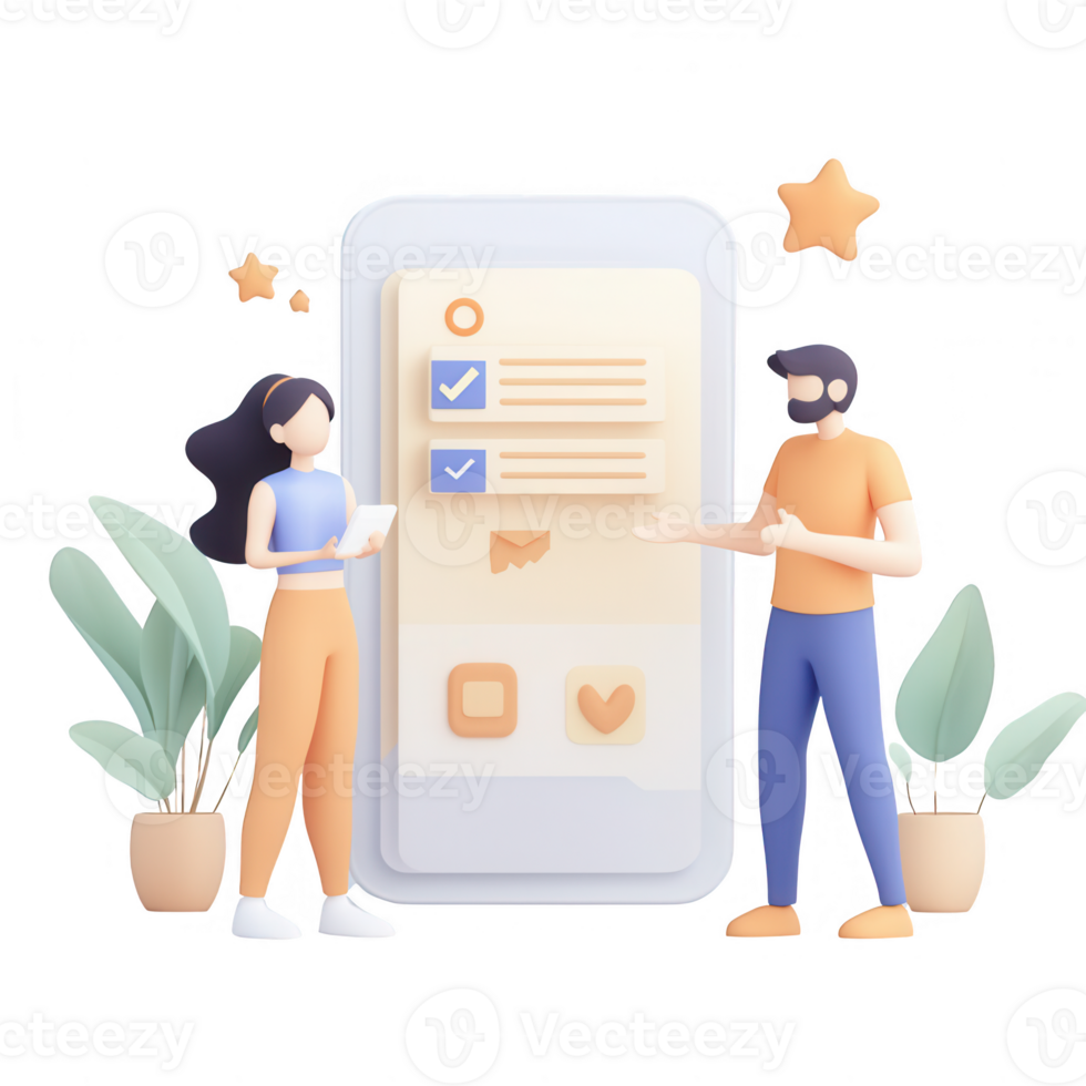 Two people discussing tasks using a mobile app with checklists and decorative plants. png