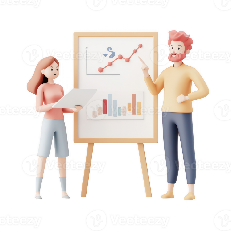 Two people presenting data on a board in a modern workspace setting. png