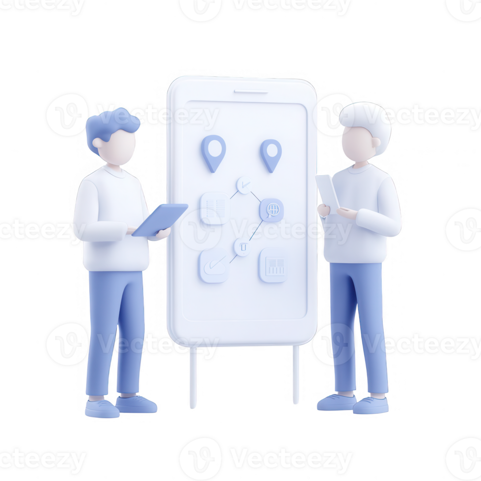 Two people interacting with a digital device in a modern business setting. png