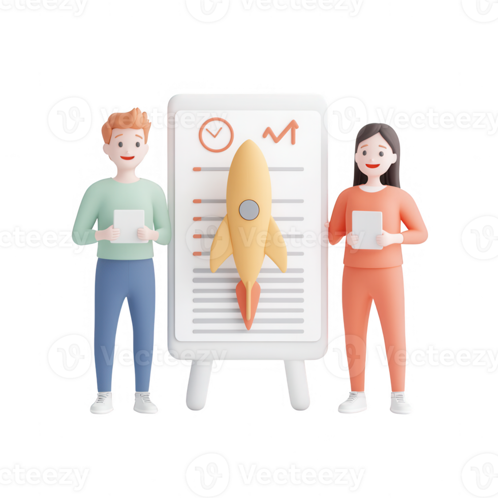Two professionals analyzing data with a rocket symbolizing growth and innovation. png