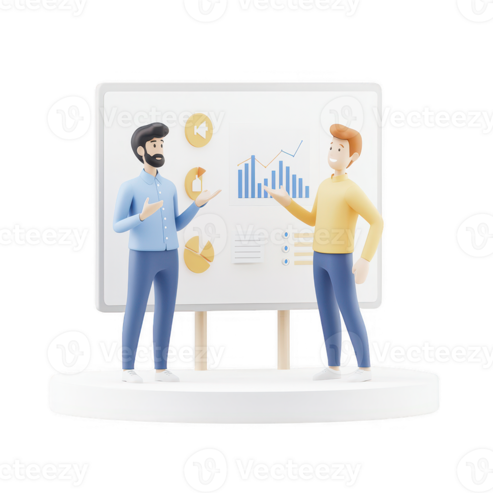 Two professionals discussing data in front of a presentation board. png
