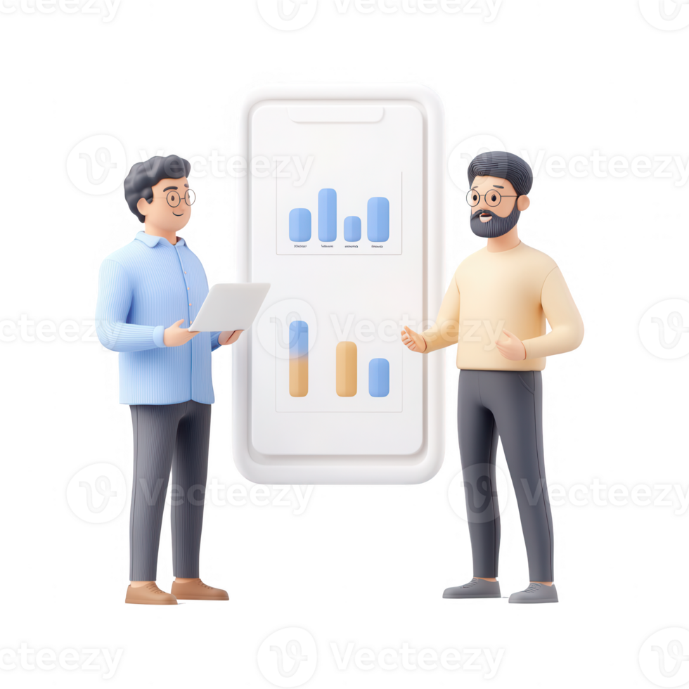 Two professionals discussing data insights using a digital interface. png