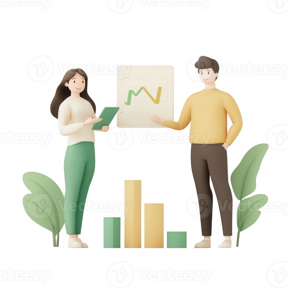 Two professionals discussing data insights with a growth chart in a modern setting. png