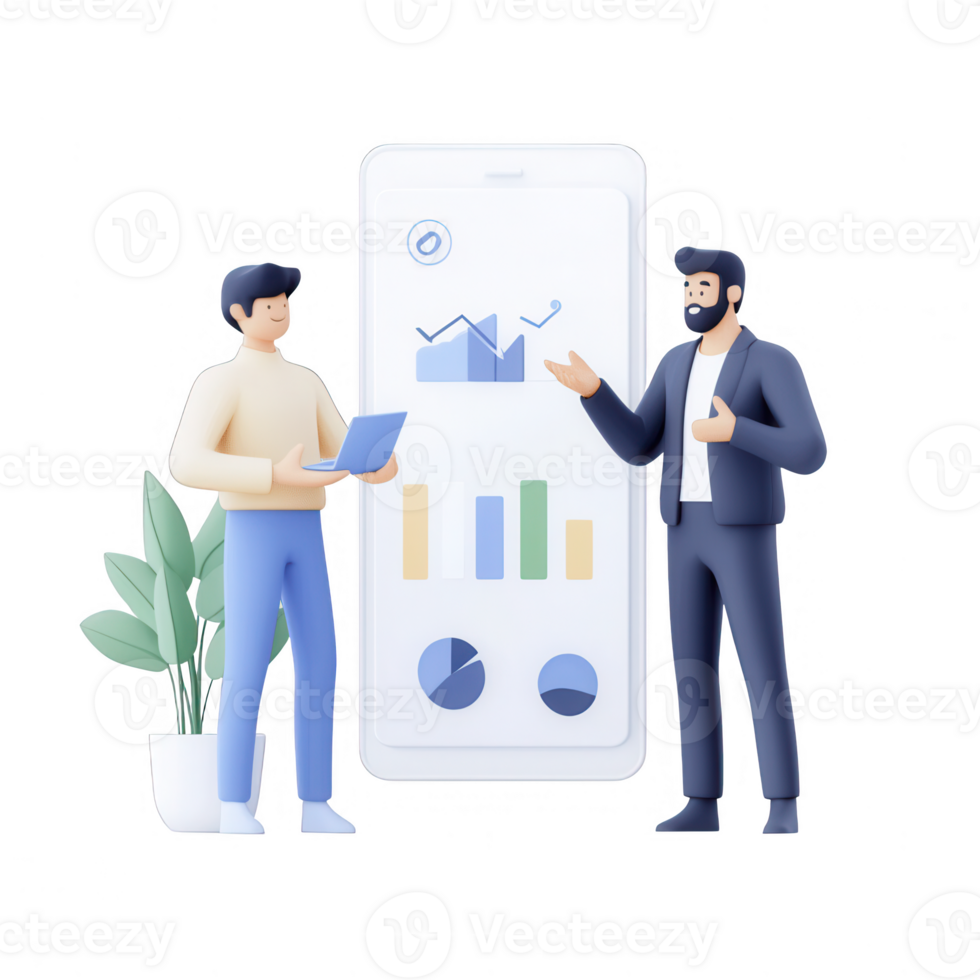 Two professionals discussing data analytics on a digital device. png