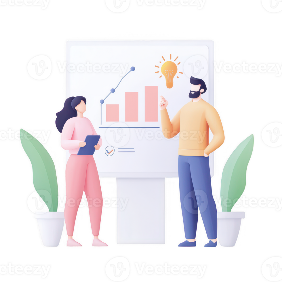 dos profesionales que se discute gráficos y ideas para eficaz trabajo en equipo y crecimiento. png