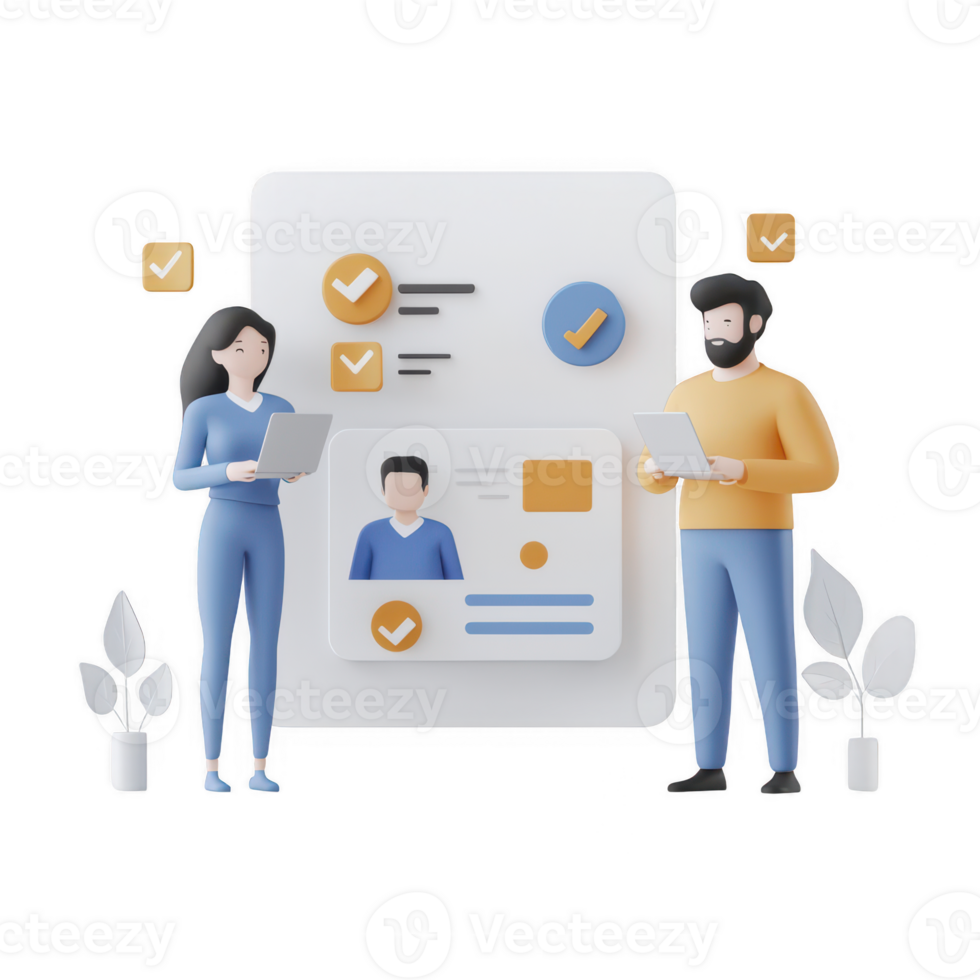 Two professionals collaborating on a project with digital documents and check marks. png